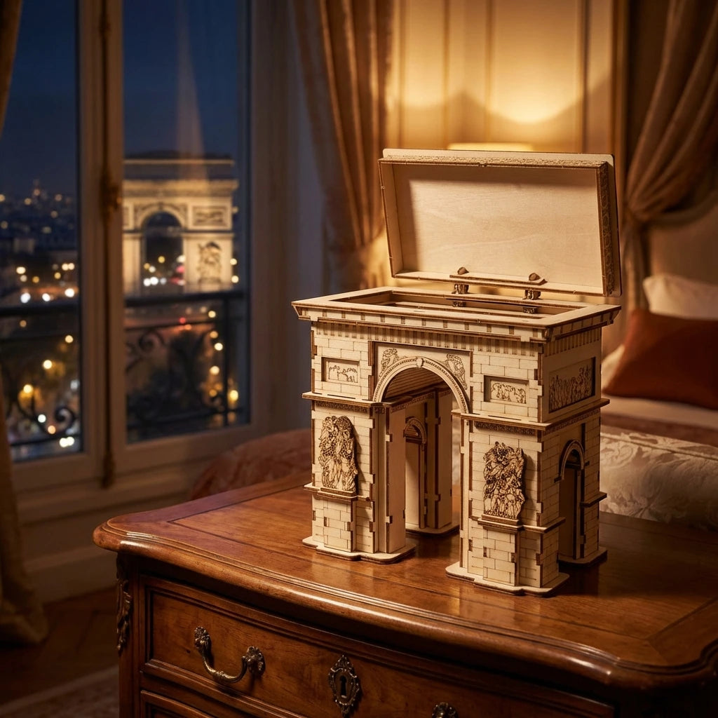 Puzzle 3D en bois thème Boite à bijoux Arc de Triomphe Paris, vue Ambiance Nuit, éclairage externe, décoration Nook-It