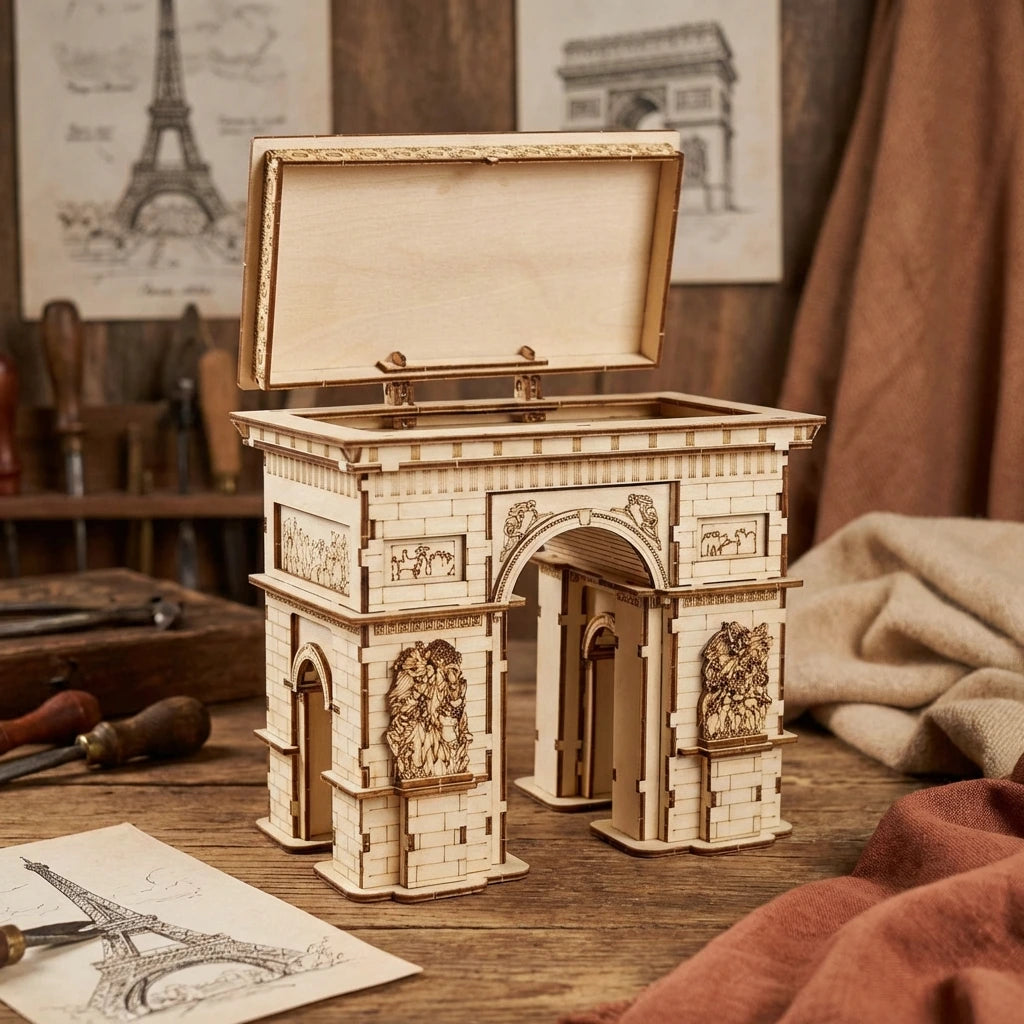 Puzzle 3D en bois thème Boite à bijoux Arc de Triomphe Paris, vue Face, éclairage externe mettant en valeur la maquette, décoration
