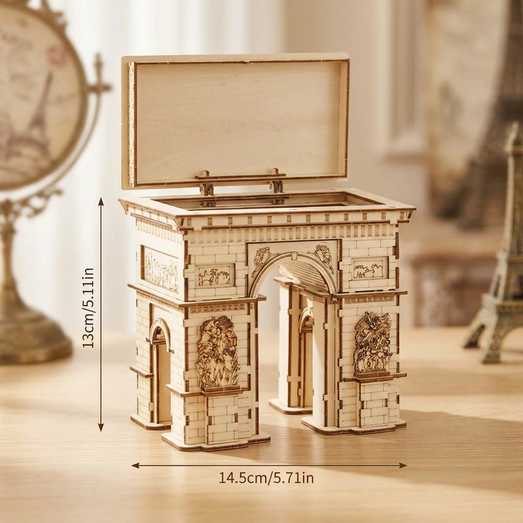 Puzzle 3D en bois thème Boite à bijoux Arc de Triomphe Paris, vue Vue avec Dimensions, éclairage externe mettant en valeur