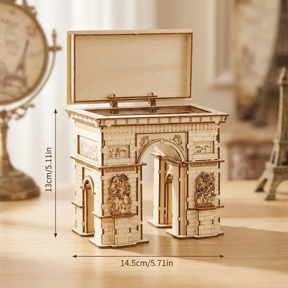 Puzzle 3D en bois thème Boite à bijoux Arc de Triomphe Paris, vue Vue avec Dimensions, éclairage externe mettant en valeur