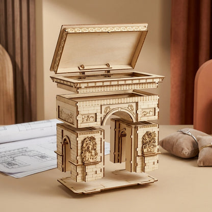 Puzzle 3D en bois thème Boite à bijoux Arc de Triomphe Paris, vue Vue Éclatée, éclairage externe, Maquette Nook-It