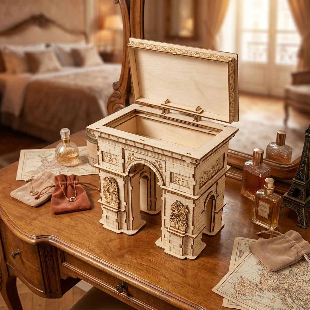 Puzzle 3D en bois thème Boite à bijoux Arc de Triomphe Paris, vue Plongeante, éclairage externe mettant en valeur le produit