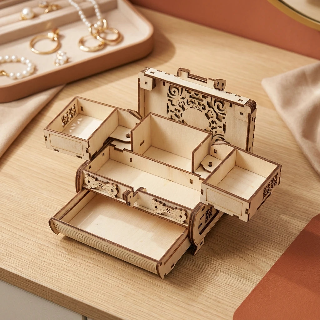 Puzzle 3D en bois thème Boîte à bijoux ouverte, vue Plongeante, éclairage externe mettant en valeur la maquette, décoration Nook-It