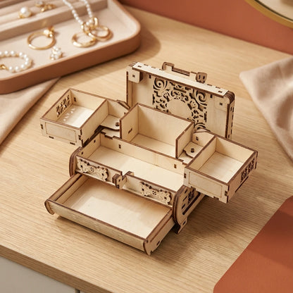 Puzzle 3D en bois thème Boîte à bijoux ouverte, vue Plongeante, éclairage externe mettant en valeur la maquette, décoration Nook-It
