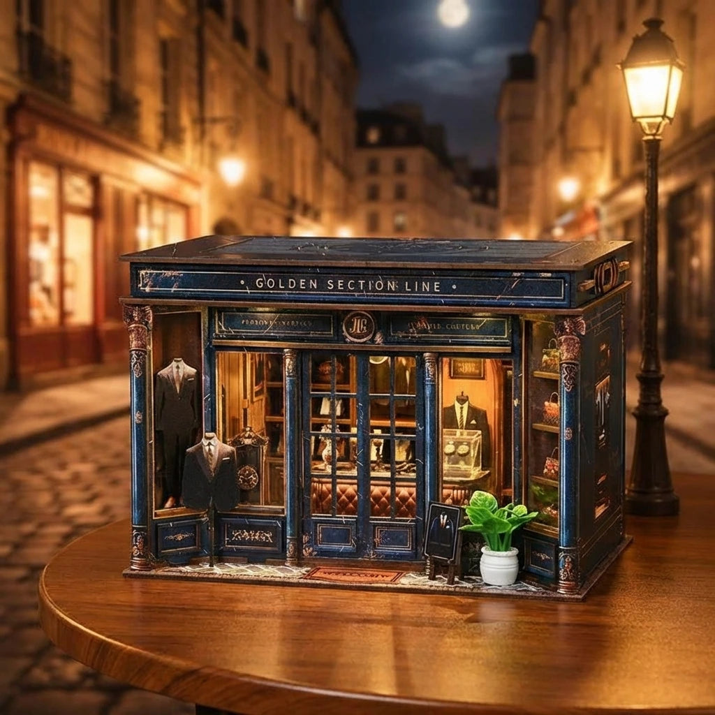 Puzzle 3D en bois thème Boutique de Mode Parisienne, vue Ambiance Nuit, éclairage externe mettant en valeur la maquette, décoration Nook-It