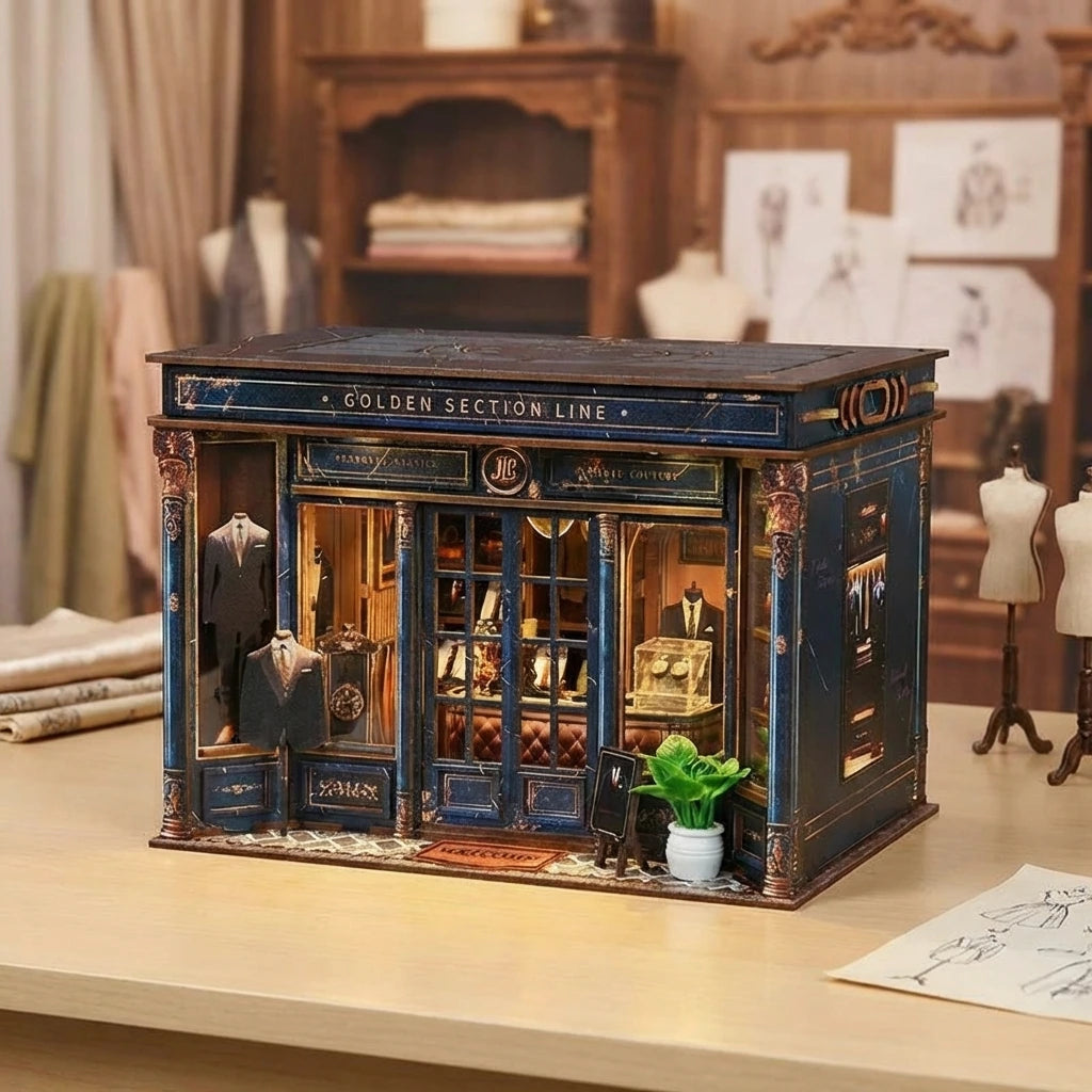 Puzzle 3D en bois thème Boutique de Mode Parisienne, vue Angle 45°, éclairage externe mettant en valeur la maquette, décoration Nook-It