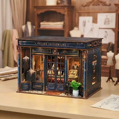 Puzzle 3D en bois thème Boutique de Mode Parisienne, vue Angle 45°, éclairage externe mettant en valeur la maquette, décoration Nook-It