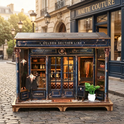 Puzzle 3D en bois thème Boutique de Mode Parisienne, vue Face, éclairage externe mettant en valeur la maquette, décoration Nook-It
