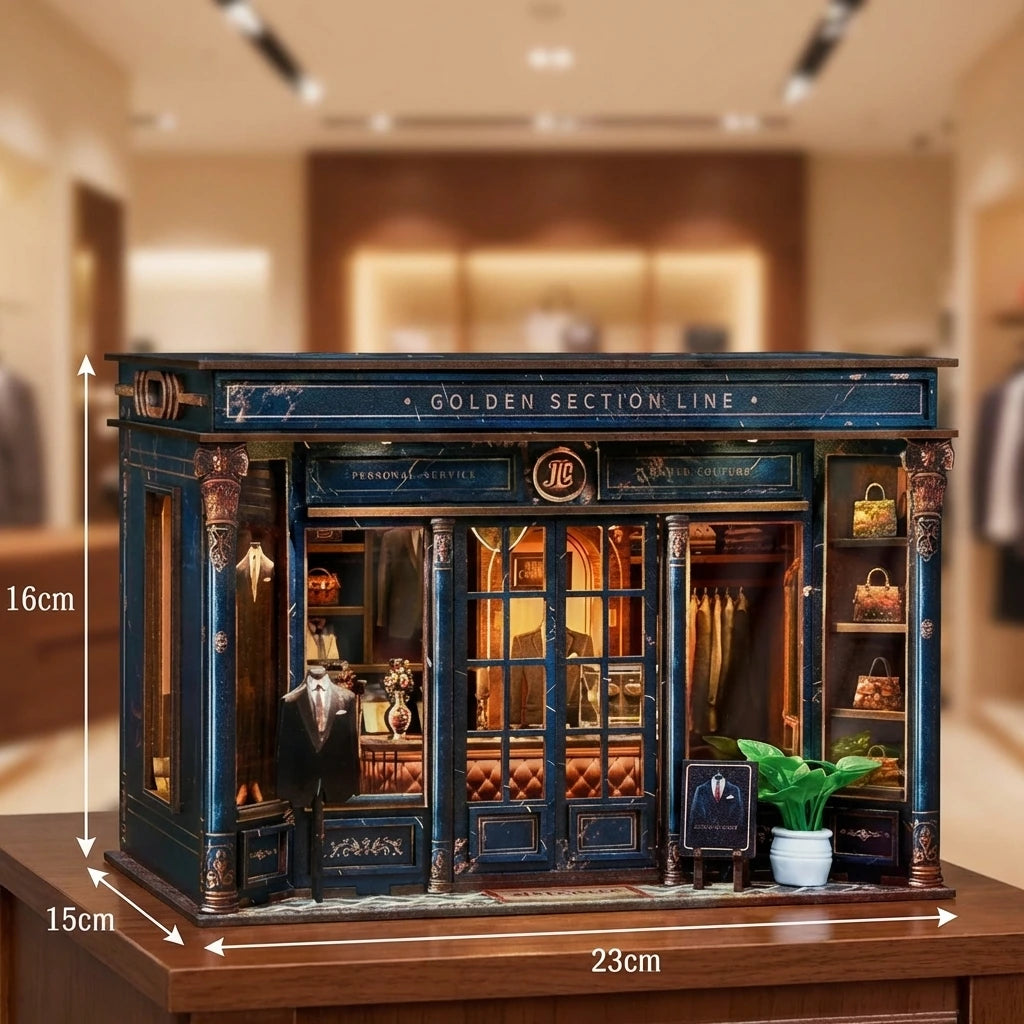 Puzzle 3D en bois thème Boutique de Mode Parisienne, vue avec Dimensions, éclairage externe mettant en valeur la maquette