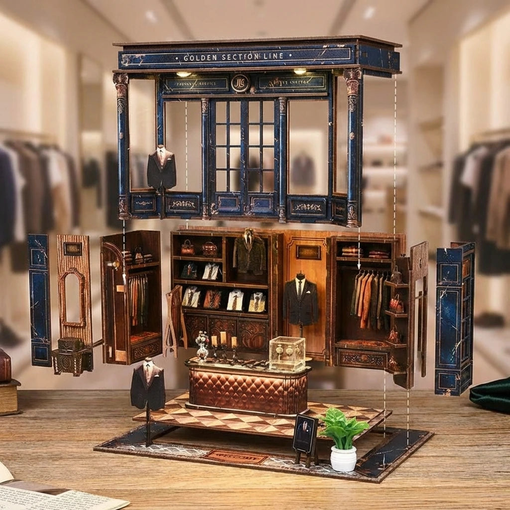 Puzzle 3D en bois thème Boutique de Mode Parisienne, vue Vue Éclatée, éclairage externe mettant en valeur la maquette, décoration Nook-It