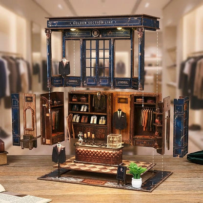 Puzzle 3D en bois thème Boutique de Mode Parisienne, vue Vue Éclatée, éclairage externe mettant en valeur la maquette, décoration Nook-It