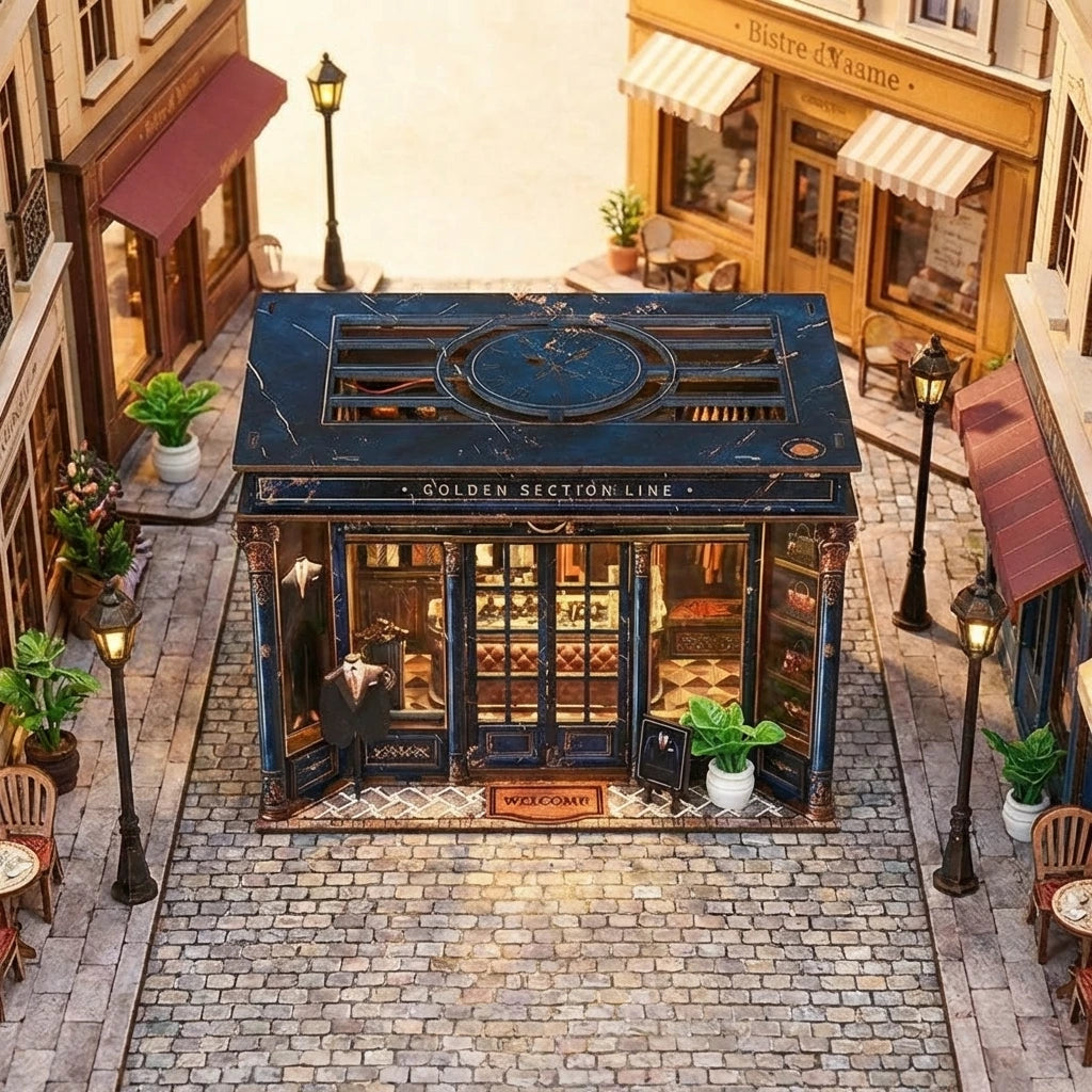 Puzzle 3D en bois thème Boutique de Mode Parisienne, vue Plongeante, éclairage externe mettant en valeur la maquette, décoration Nook-It