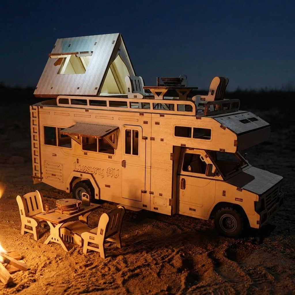 Puzzle 3D en bois thème Camping-car avec bivouac, vue Ambiance Nuit, éclairage externe mettant en valeur la maquette, décoration