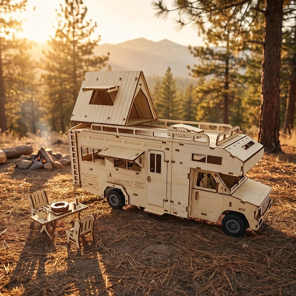 Puzzle 3D en bois thème Camping-car avec bivouac, vue Angle 45°, éclairage externe mettant en valeur la maquette, décoration
