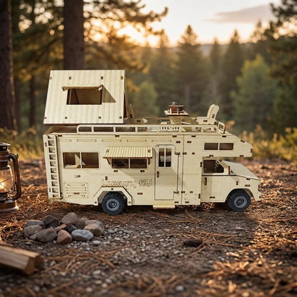 Puzzle 3D en bois thème Camping-car avec bivouac, vue Face, éclairage externe mettant en valeur la maquette, décoration Nook-It