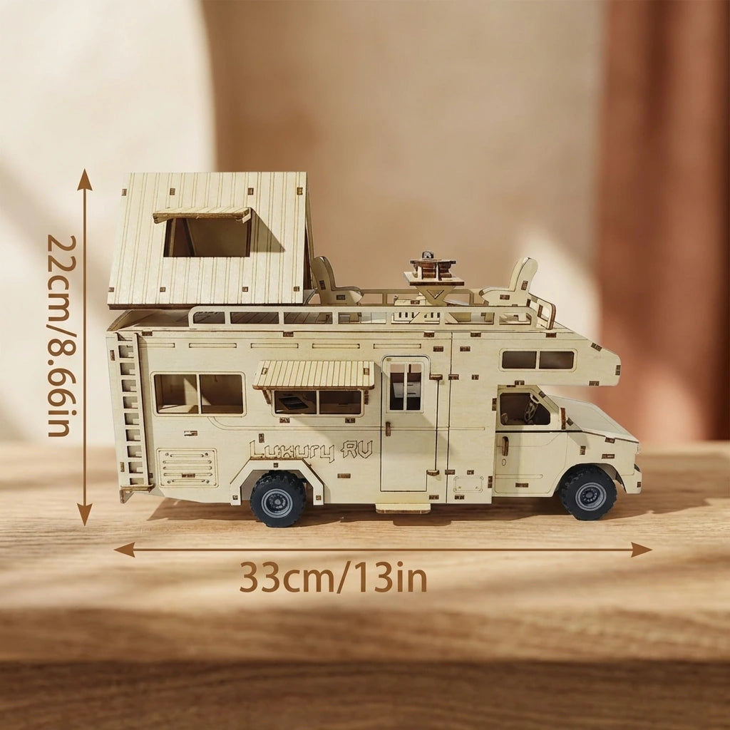Puzzle 3D en bois thème Camping-car avec bivouac, vue avec Dimensions, éclairage externe mettant en valeur la maquette, Nook-It