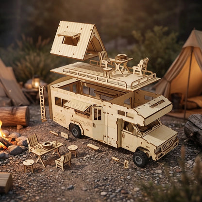 Puzzle 3D en bois thème Camping-car avec bivouac, vue Éclatée, éclairage externe mettant en valeur la maquette, décoration nook-It