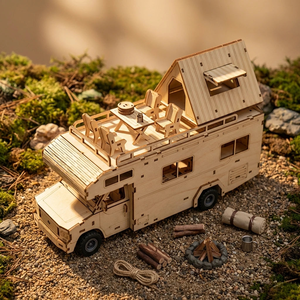 Puzzle 3D en bois thème Camping-car avec bivouac, vue Plongeante, éclairage externe mettant en valeur la maquette, décoration