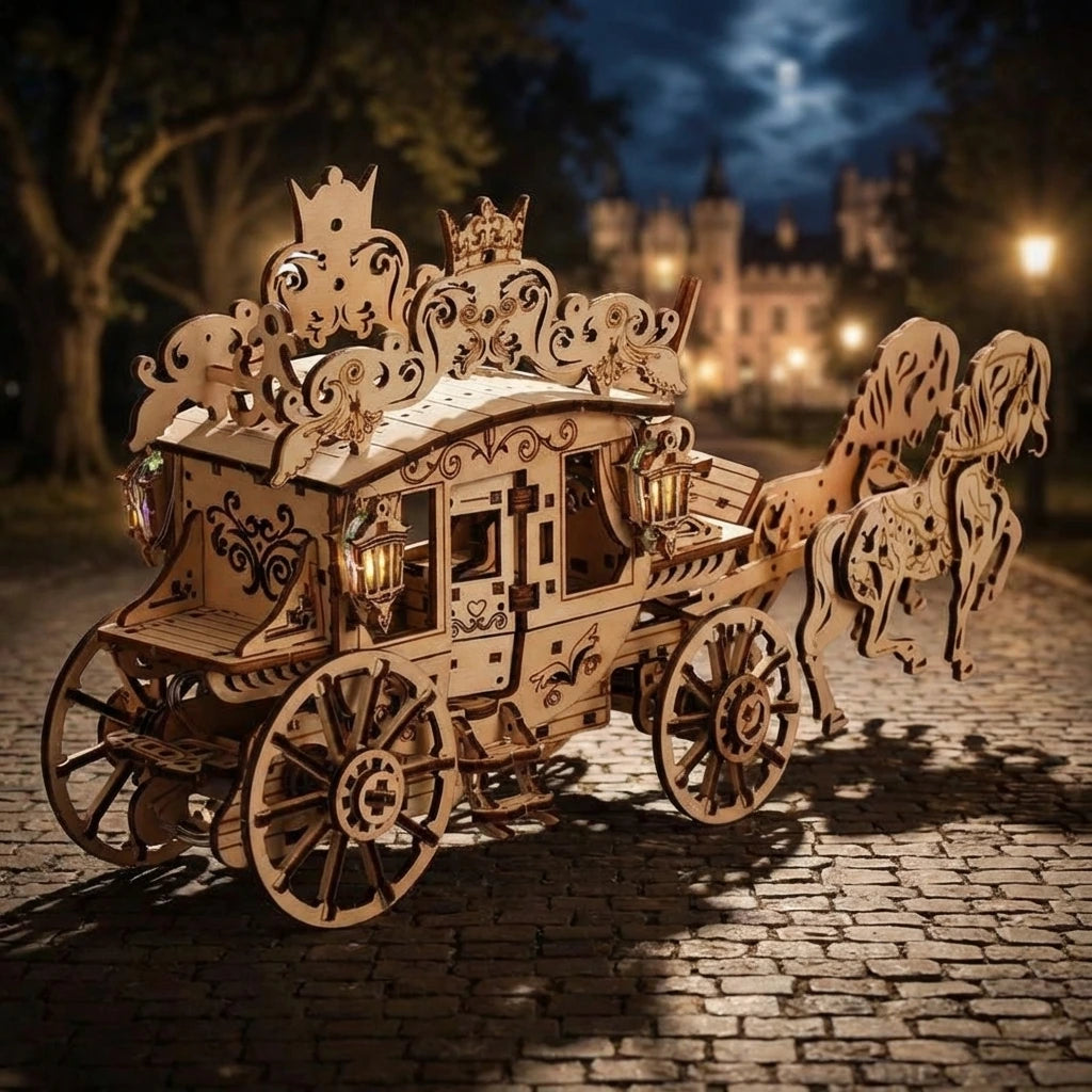 Puzzle 3D en bois thème Carrosse Royal, vue Ambiance Nuit, éclairage externe mettant en valeur la maquette, décoration Nook-It