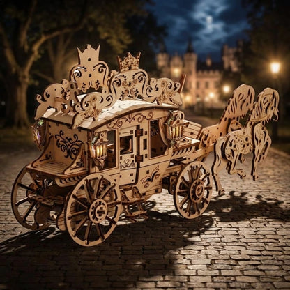 Puzzle 3D en bois thème Carrosse Royal, vue Ambiance Nuit, éclairage externe mettant en valeur la maquette, décoration Nook-It