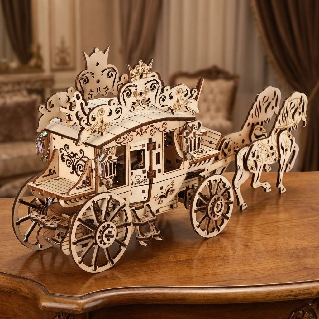 Puzzle 3D en bois thème Carrosse Royal, vue Angle 45°, éclairage externe mettant en valeur la maquette, décoration Nook-It.