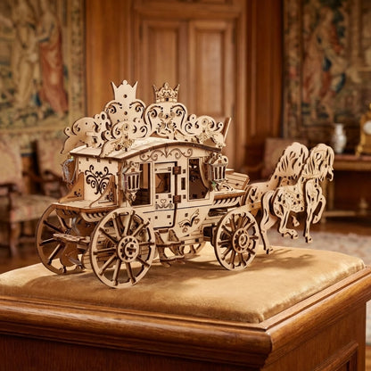 Puzzle 3D en bois thème Carrosse Royal, vue Face, éclairage externe mettant en valeur la maquette, décoration Nook-It.
