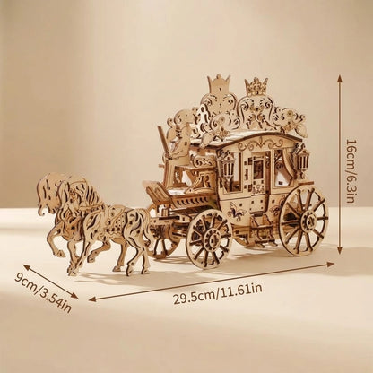 Puzzle 3D en bois thème Carrosse Royal, vue avec Dimensions, éclairage externe mettant en valeur la maquette, décoration Nook-It