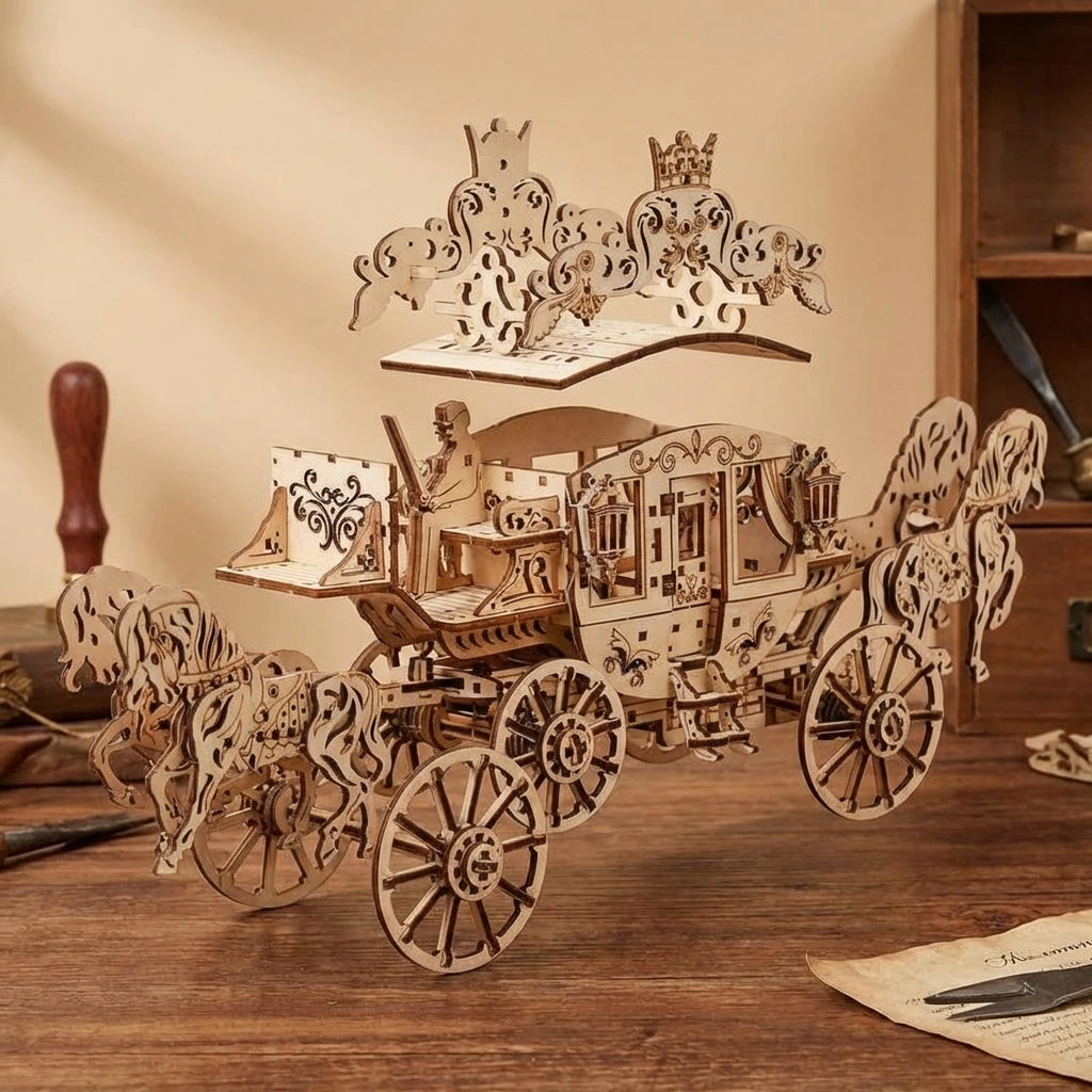 Puzzle 3D en bois thème Carrosse Royal, vue Éclatée, éclairage externe mettant en valeur la maquette, décoration Nook-It.