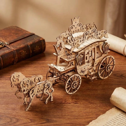 Puzzle 3D en bois thème Carrosse Royal, vue Plongeante, éclairage externe mettant en valeur la maquette, décoration Nook-It
