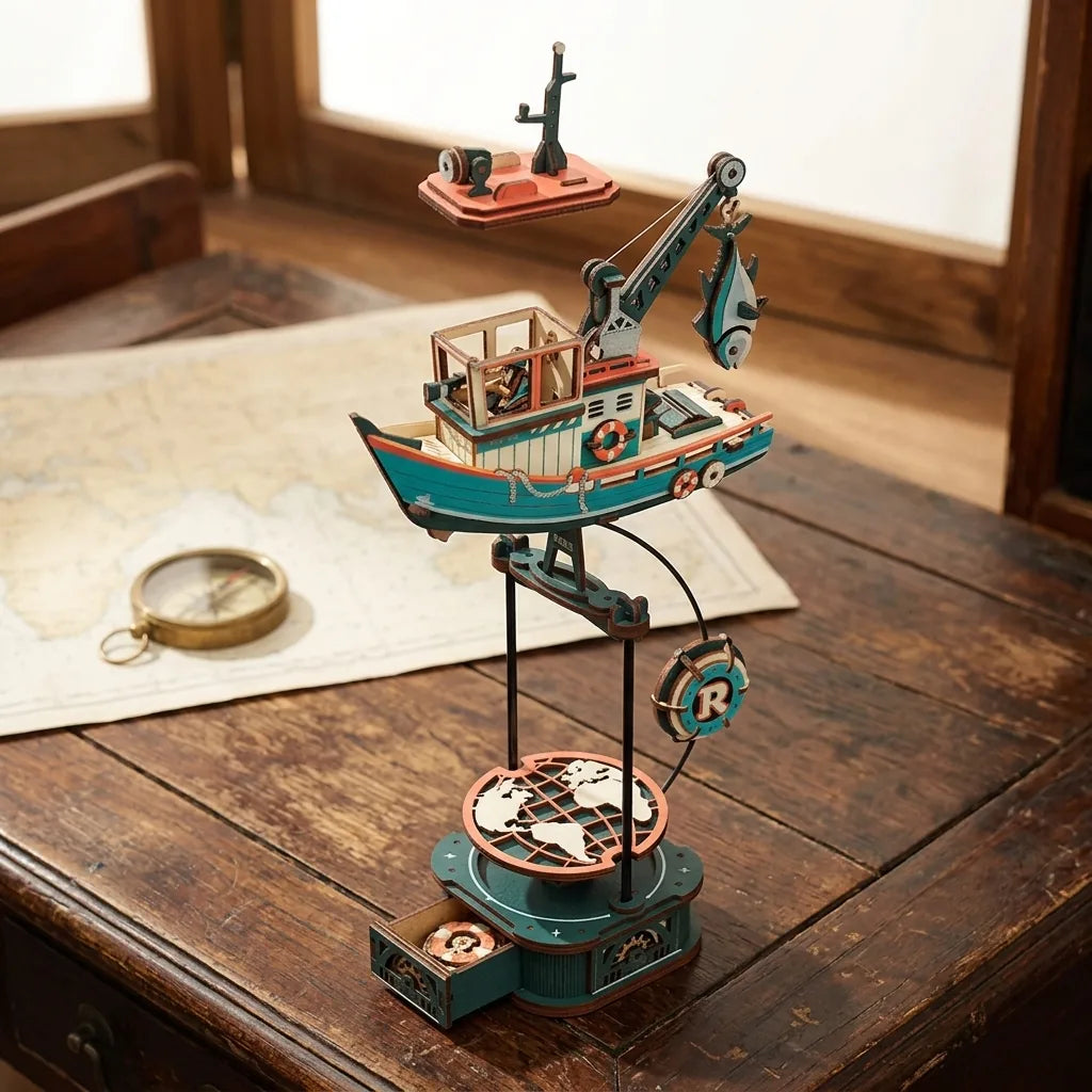 Vue éclatée du Lucky Trawler, toit de cabine et plateau mappemonde soulevés, tiroir ouvert
