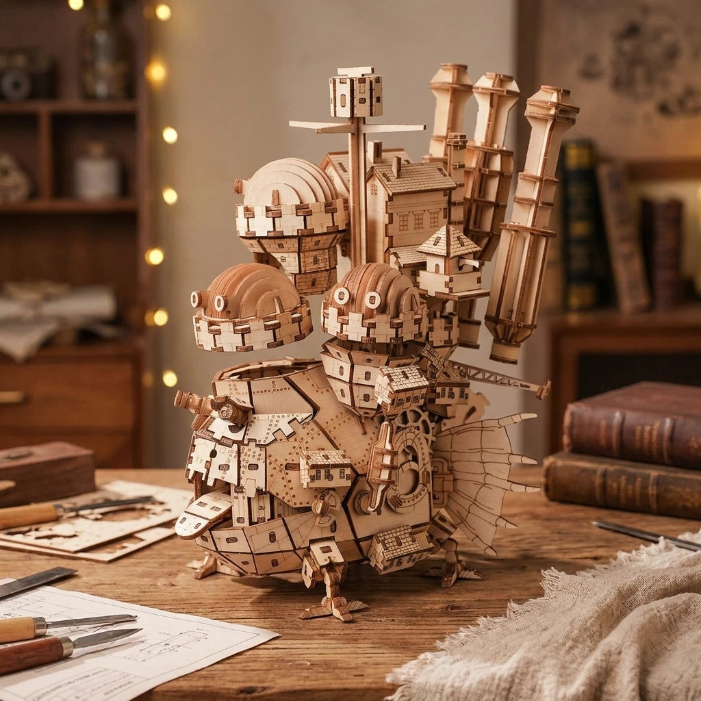Château Ambulant en bois naturel — vue éclatée, pièces détachées avant montage