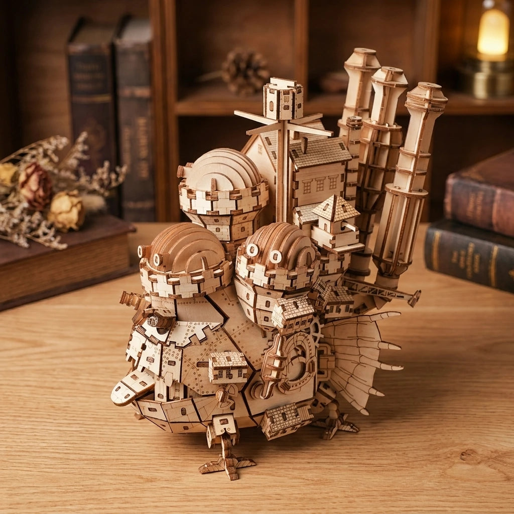 Château Ambulant en bois naturel — vue plongeante du puzzle 3D