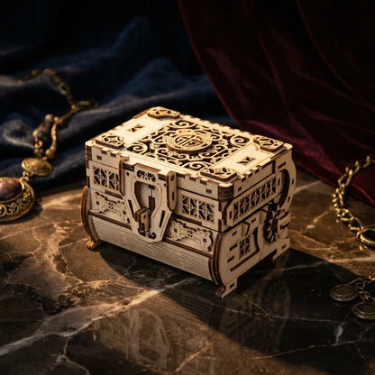 Puzzle 3D en bois thème Coffret à Bijoux, vue Ambiance Nuit, éclairage externe mettant en valeur la maquette, décoration Nook-It