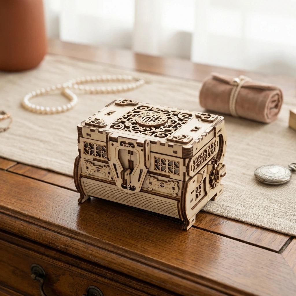 Puzzle 3D en bois thème Coffret à Bijoux, vue Angle 45°, éclairage externe mettant en valeur la maquette, décoration Nook-It.