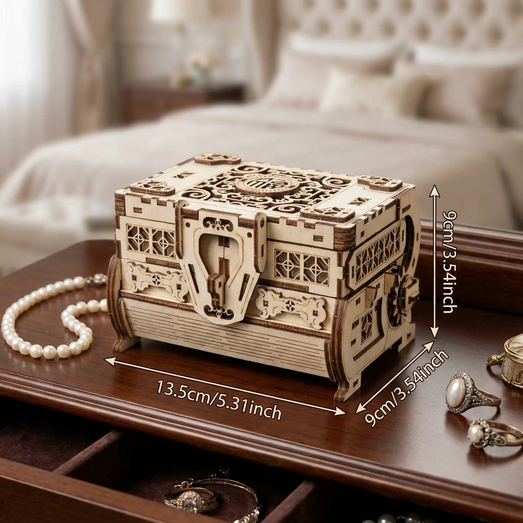 Puzzle 3D en bois thème Coffret à Bijoux, vue avec Dimensions, éclairage externe mettant en valeur la maquette, décoration nook-It