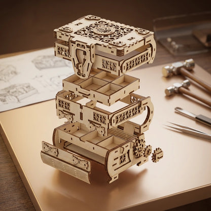 Puzzle 3D en bois thème Coffret à Bijoux, vue Éclatée, éclairage externe mettant en valeur la maquette, décoration Nook-It