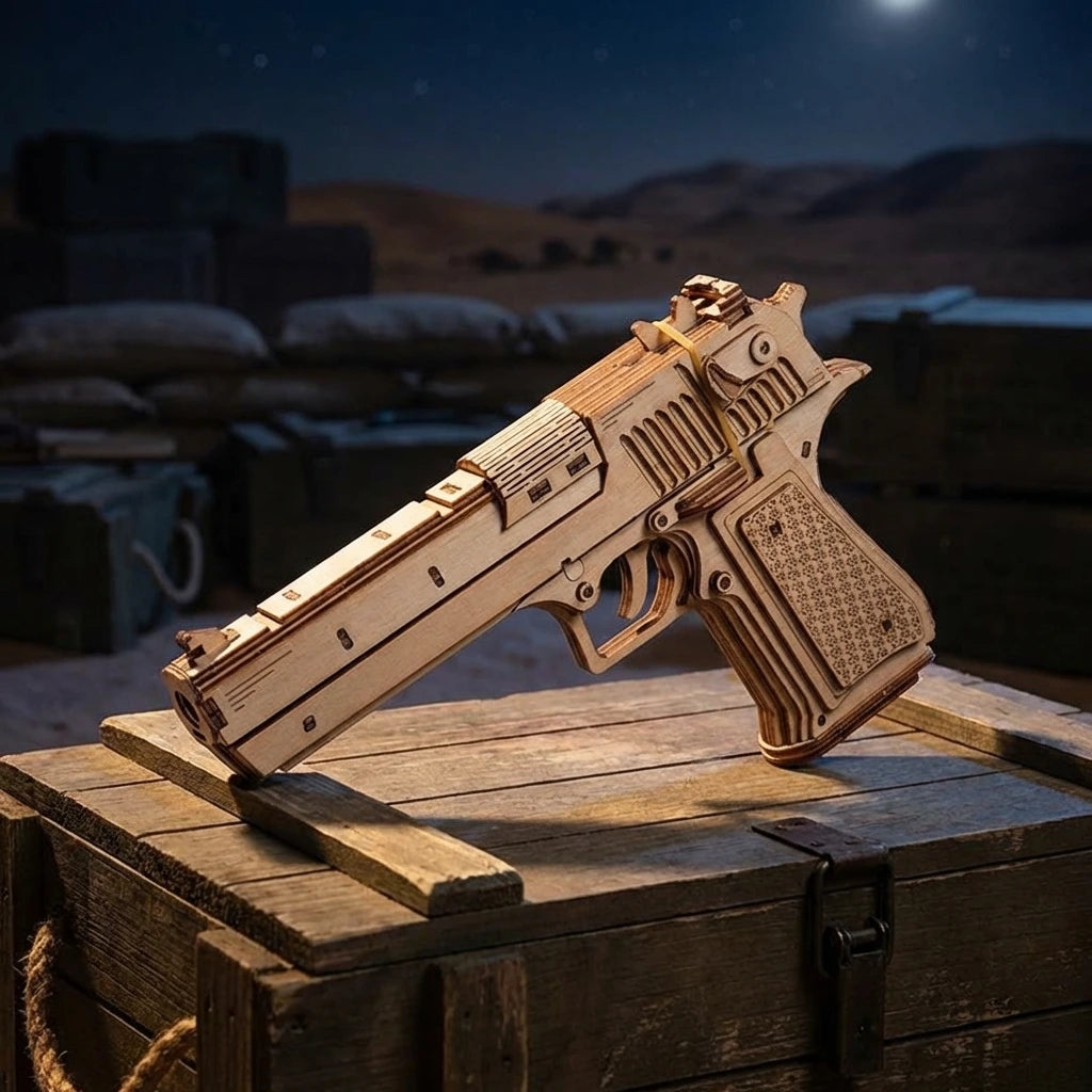 Puzzle 3D en bois thème Desert Eagle Tactique, vue Ambiance Nuit, éclairage externe mettant en valeur la maquette, décoration