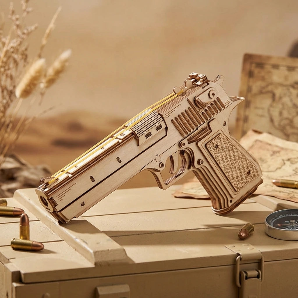 Puzzle 3D en bois thème Desert Eagle Tactique, vue Angle 45°, éclairage externe mettant en valeur la maquette, décoration Nook-It