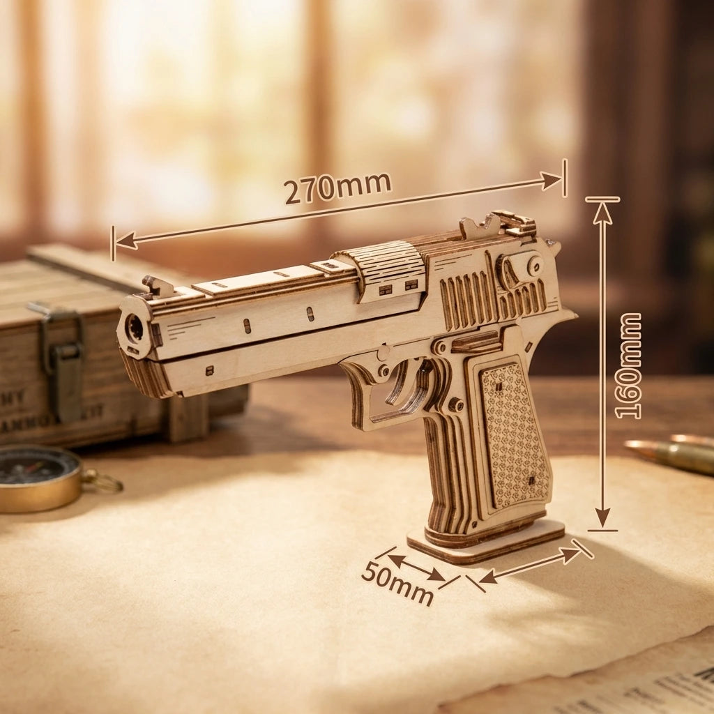 Puzzle 3D en bois thème Desert Eagle Tactique, vue avec Dimensions, éclairage externe mettant en valeur la maquette