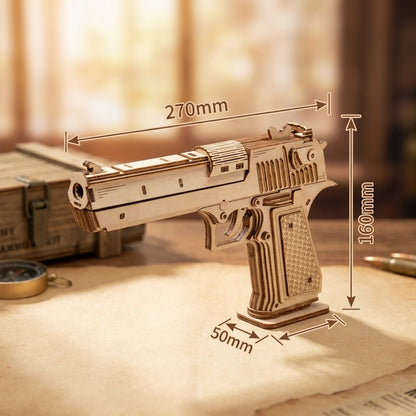 Puzzle 3D en bois thème Desert Eagle Tactique, vue avec Dimensions, éclairage externe mettant en valeur la maquette