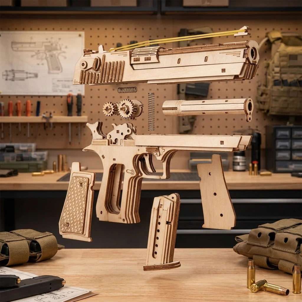 Puzzle 3D en bois thème Desert Eagle Tactique, vue Éclatée, éclairage externe mettant en valeur la maquette, décoration Nook-It