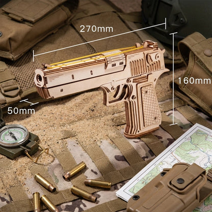 Puzzle 3D en bois thème Desert Eagle Tactique, vue Plongeante, éclairage externe mettant en valeur la maquette, décoration Nook-It