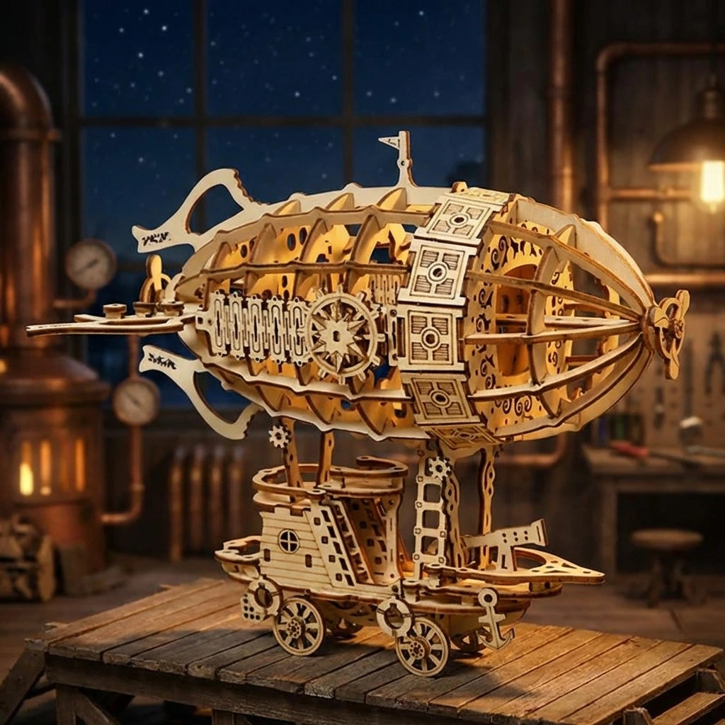 Puzzle 3D en bois thème Dirigeable Steampunk, vue Ambiance Nuit, éclairage externe mettant en valeur la maquette, décoration