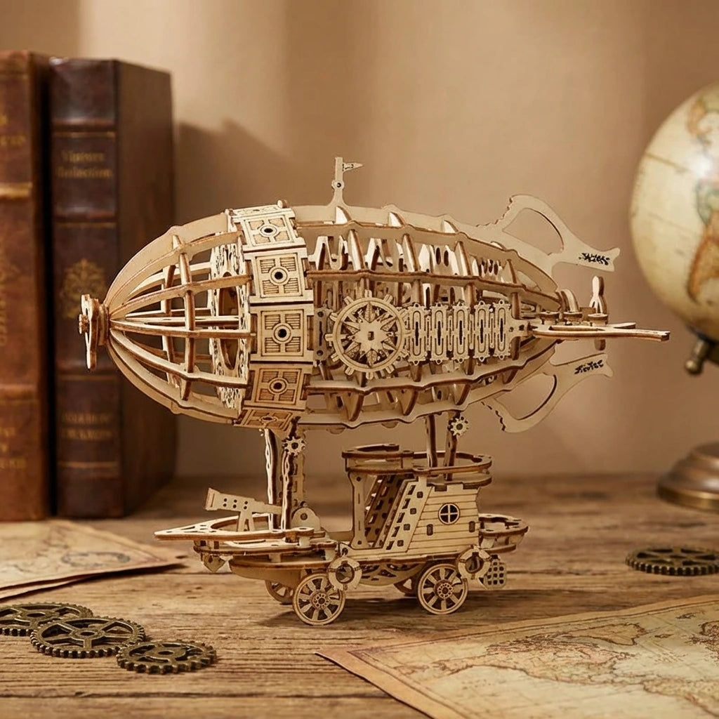 Puzzle 3D en bois thème Dirigeable Steampunk, vue Face, éclairage externe mettant en valeur la maquette, décoration Nook-It.