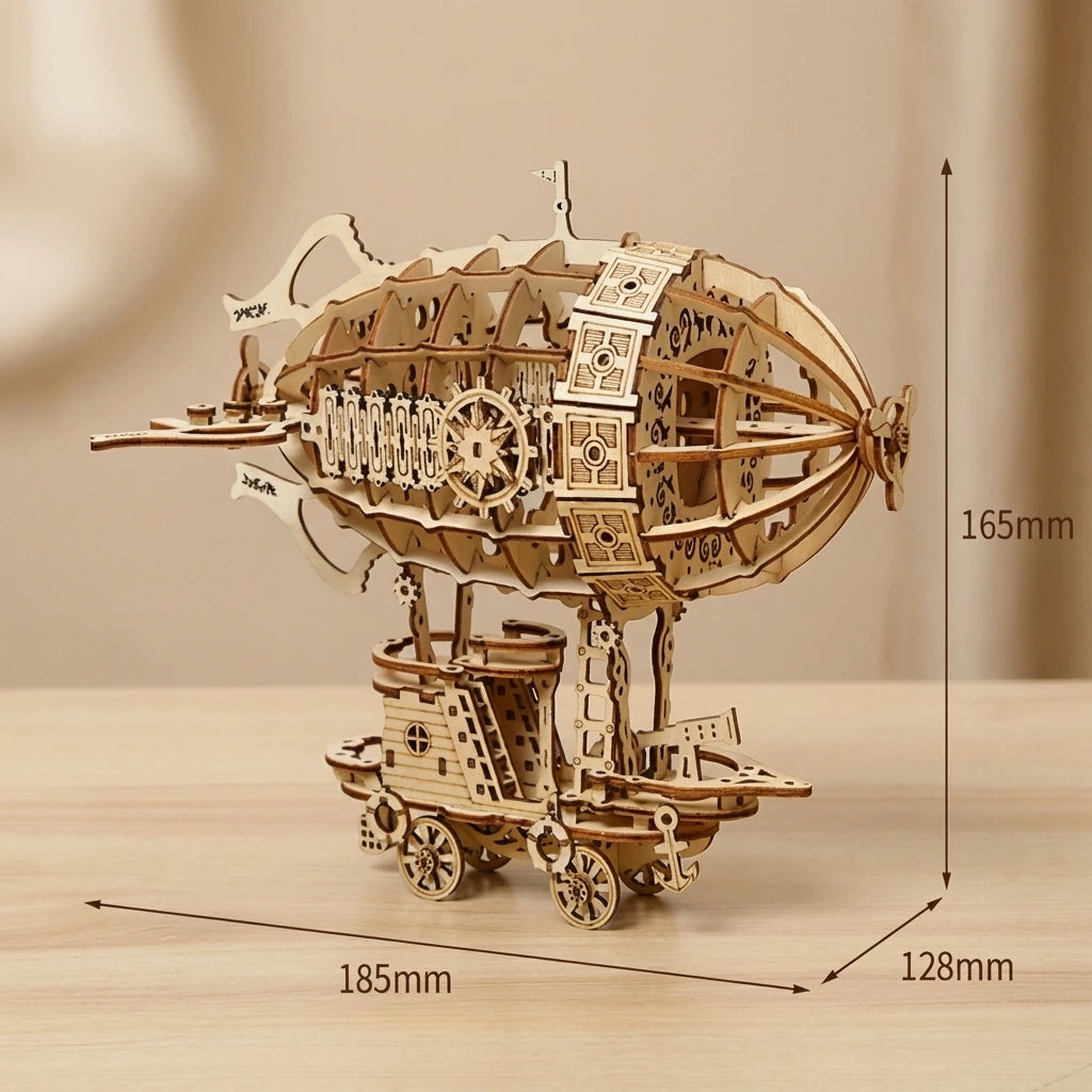 Puzzle 3D en bois thème Dirigeable Steampunk, vue avec Dimensions, éclairage externe mettant en valeur la maquette, décoration Nook-It