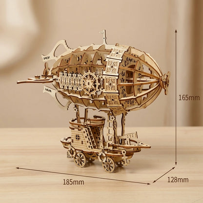 Puzzle 3D en bois thème Dirigeable Steampunk, vue avec Dimensions, éclairage externe mettant en valeur la maquette, décoration Nook-It
