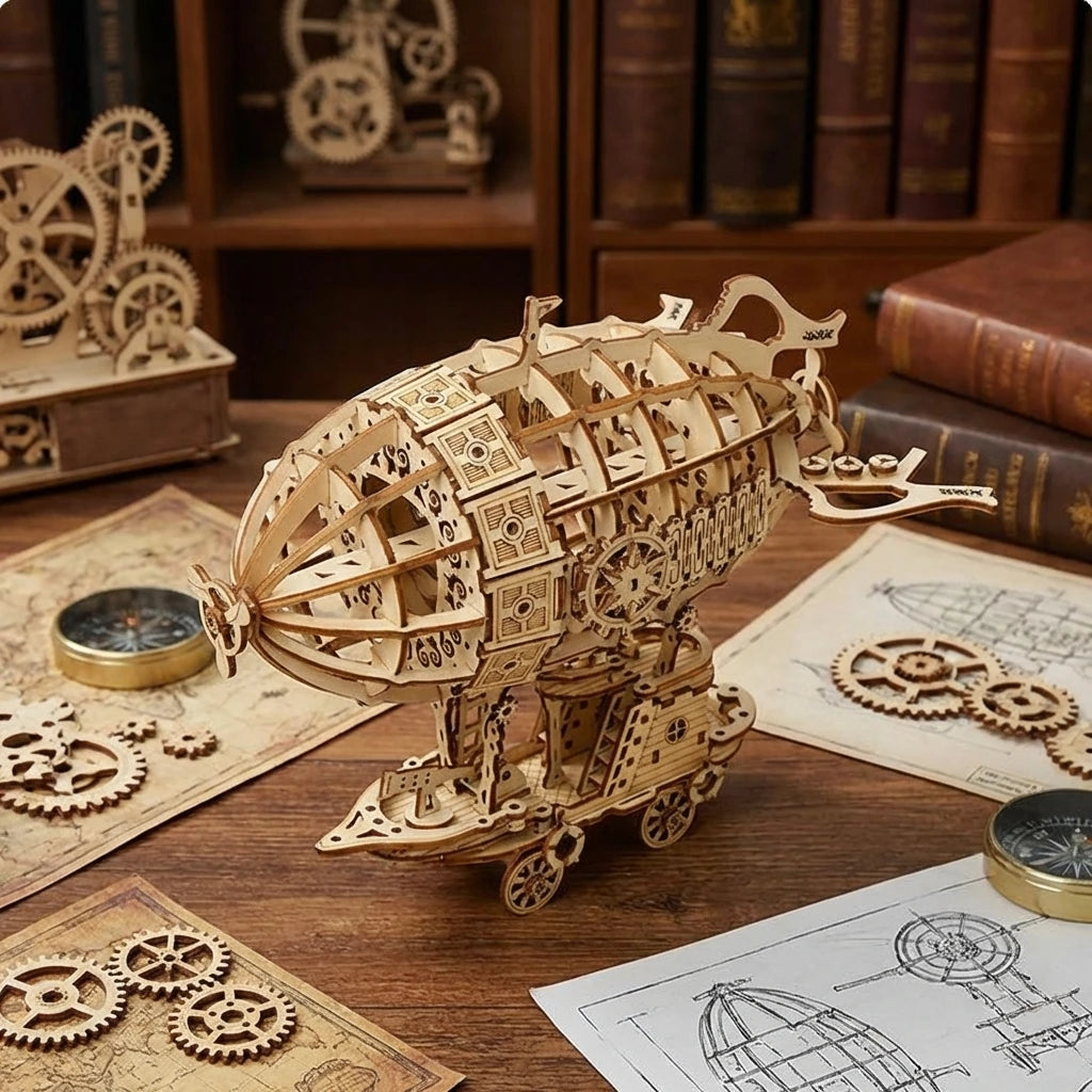 Puzzle 3D en bois thème Dirigeable Steampunk, vue Angle 45°, éclairage externe mettant en valeur la maquette, décoration Nook-It