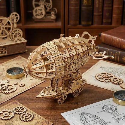 Puzzle 3D en bois thème Dirigeable Steampunk, vue Angle 45°, éclairage externe mettant en valeur la maquette, décoration Nook-It