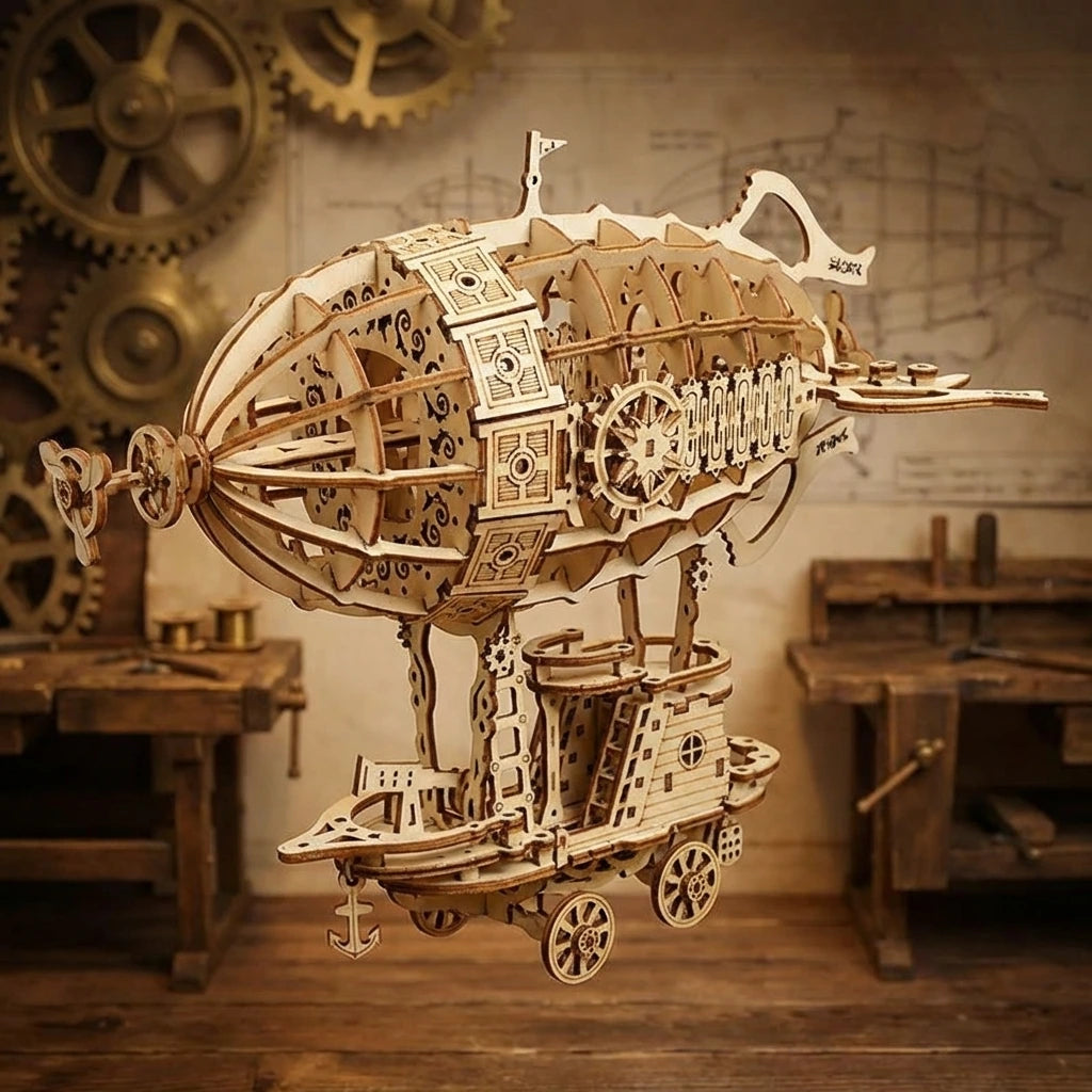 Puzzle 3D en bois thème Dirigeable Steampunk, vue profil, éclairage externe mettant en valeur la maquette, décoration Nook-It