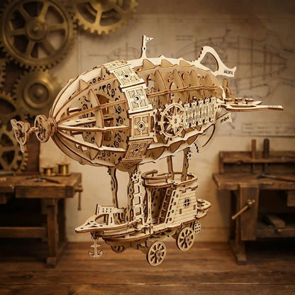 Puzzle 3D en bois thème Dirigeable Steampunk, vue profil, éclairage externe mettant en valeur la maquette, décoration Nook-It